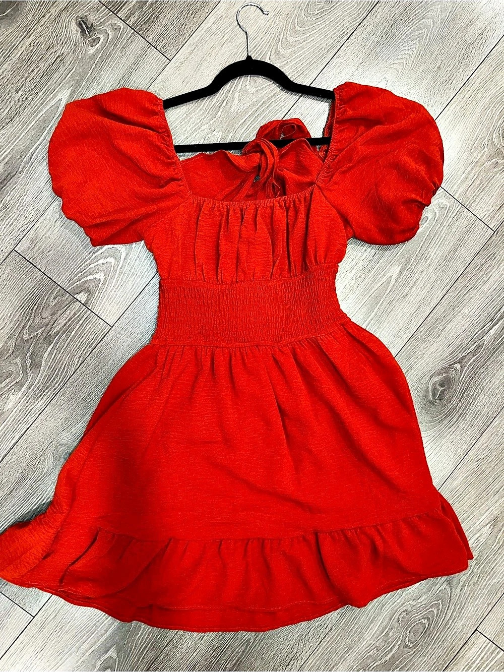 Hesperus Puff Sleeve Mini Dress in rust orange Size Small Like New cut out tie b